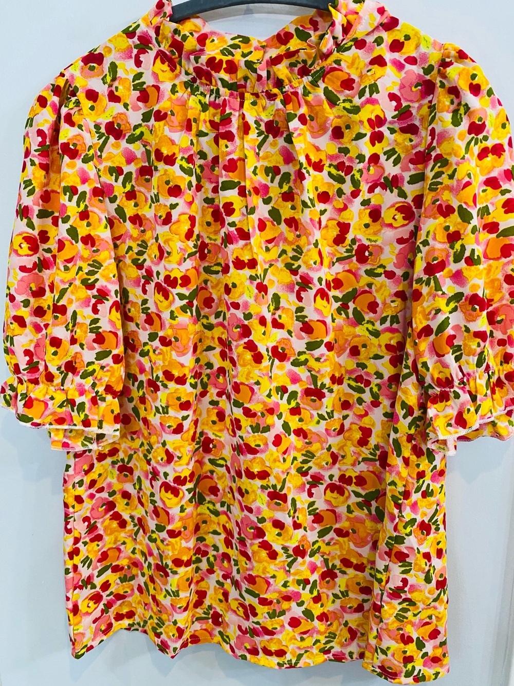 Floral Ruffled Neck Blouse - Yellow Multi
